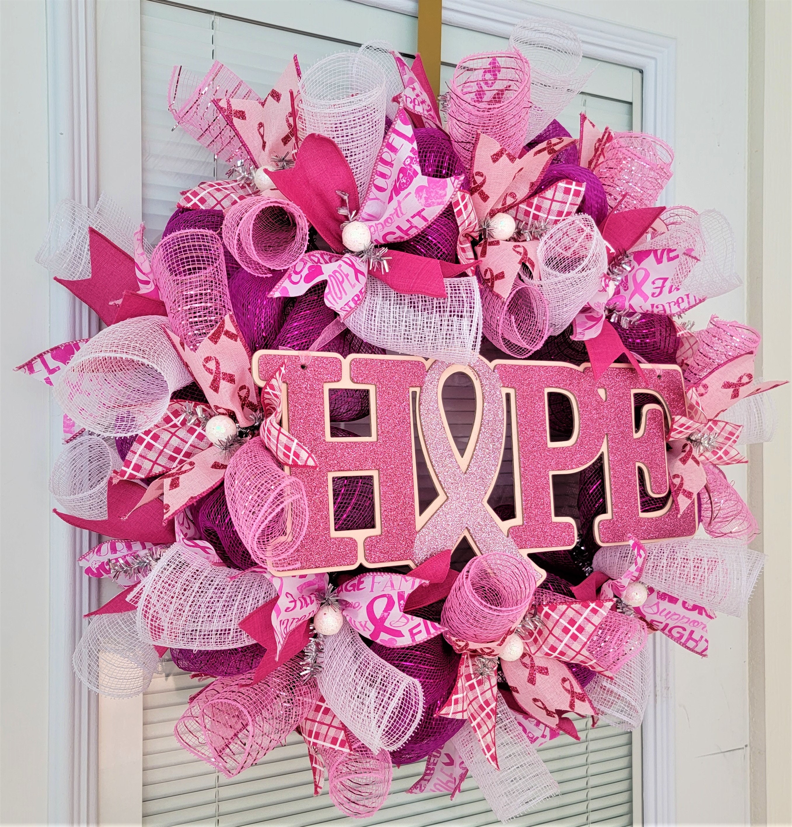 Handmade Light Pink Ribbon Breast Cancer Wreath. In/Out Home Decor