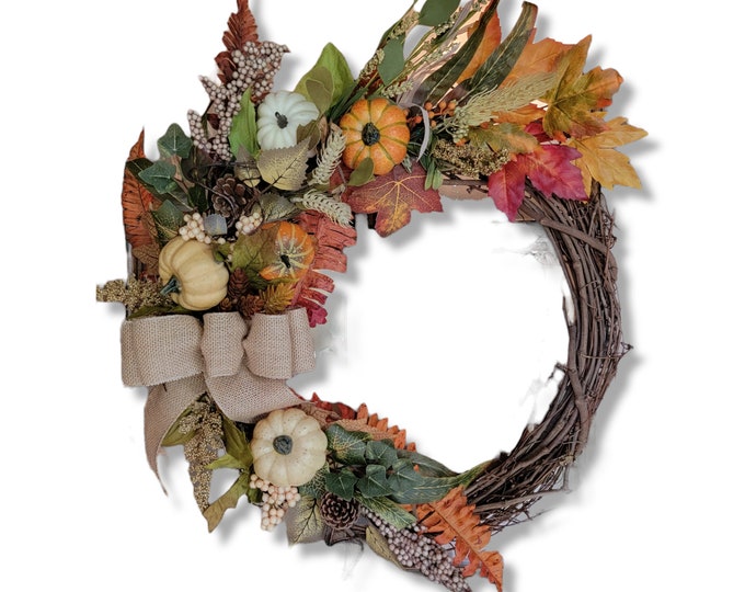 Featured listing image: Fall wreath, Pumpkin wreath, Fall grapevine wreath, Fall door hanger, Floral grapevine wreath, Fall floral wreath, Autumn grapevine wreath