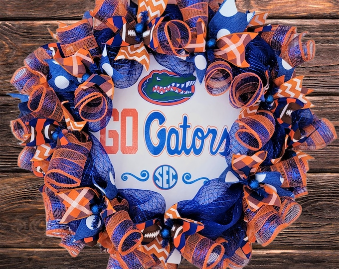 Featured listing image: UF Wreath, UF Door hanger, Gator Wreath, UF Decoration, University of Florida wreath, Gator Football, Gators, Go Gators, orange and blue