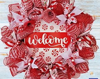Christmas Wreath, christmas door decor, peppermint wreath, xmas wreath, winter wreath, red and white wreath, holiday wreath, welcome