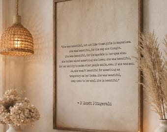 F Scott Fitzgerald She Was Beautiful Quote Print Framed Literary Wall Art Resilience Poster Handmade Wood Frame Home Decor Gift