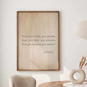Decoração de parede com Buda - Pôster com citação inspiradora, decoração para casa, vibrações positivas, o que você pensa que se torna, presente atencioso para atenção plena