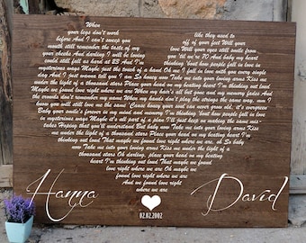 10th Anniversary Gift Printing Wood Wedding Song Sign , First Dance Lyrics, Your Song Lyrics , Heart Shaped  Song, valentines day gift