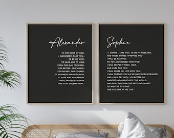 May include: Two black framed prints with white text on a dark background. The prints feature vows for a wedding ceremony. The left print has the name "Alexander" at the top and the right print has the name "Sophie" at the top.