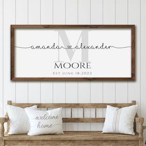 Letrero personalizado de Sr. y Sra. con apellido para él y para ella, lienzo decorativo para pared, regalos para recién casados, dormitorio principal sobre la cama