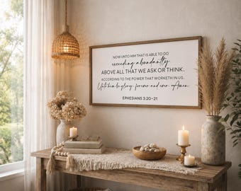 Efeziërs 3 20-21 schriftteken, ruimschoots boven alles kunst aan de muur, groot ingelijst bijbelvers decor boerderij christelijk religieus cadeau