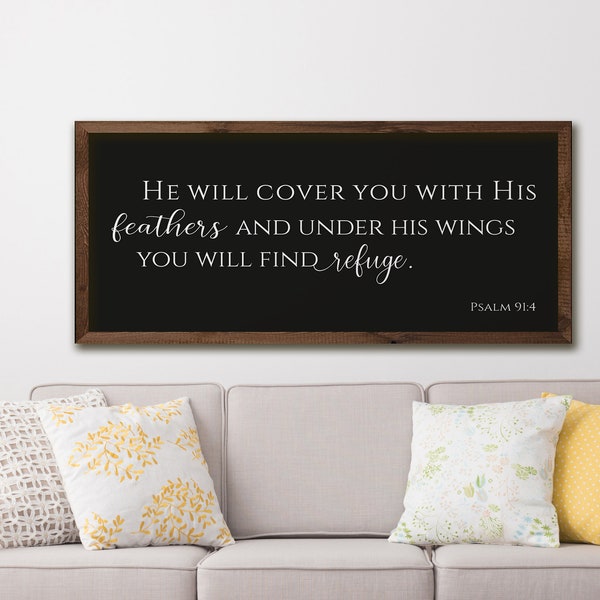 40% OFF scripture wall decor | He will cover you with his feathers sign | living room decor| bible verse sign | Psalm 91:4, bible verse sign