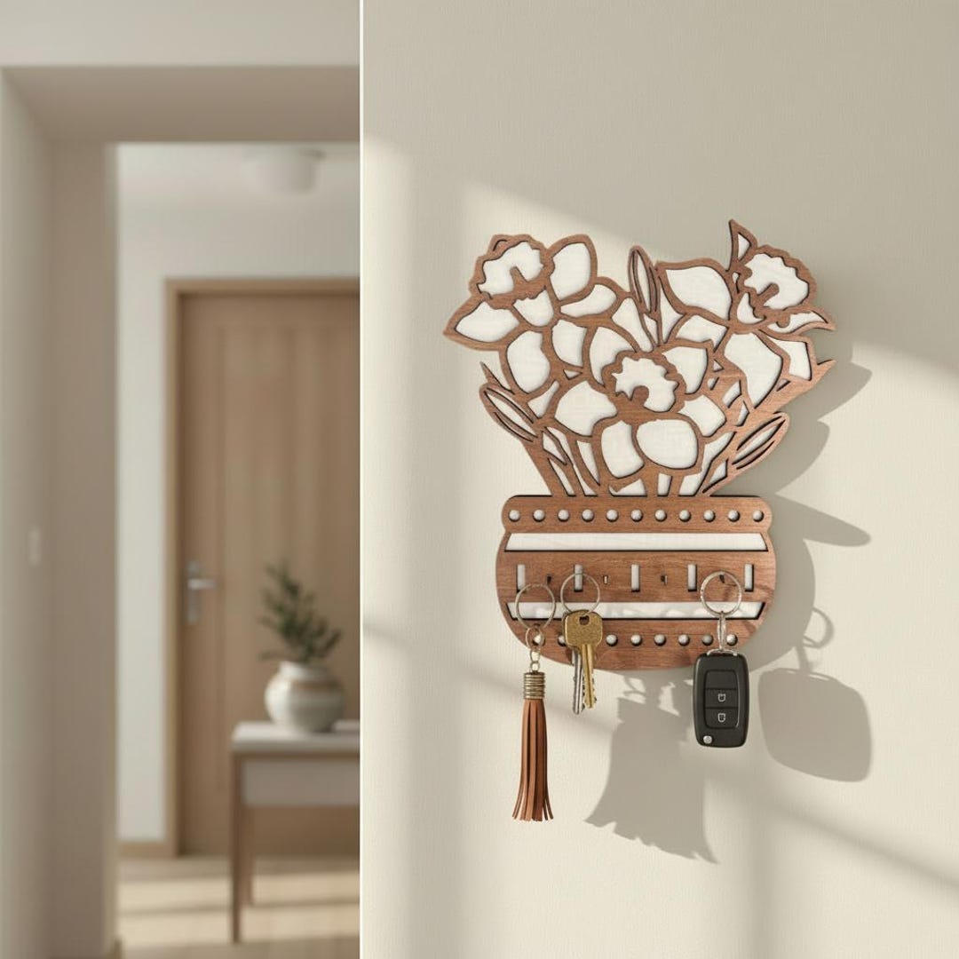 Wooden Key Holder in Flower Pot Shape — Daffodil Wall Organizer for ...