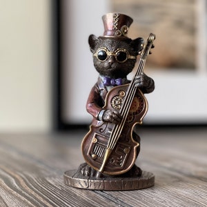 Steampunk Cat Musician Bass Performer Figurine