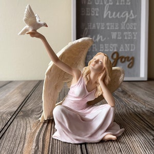 Hand Painted Angel Sitting With Dove Altar Gift