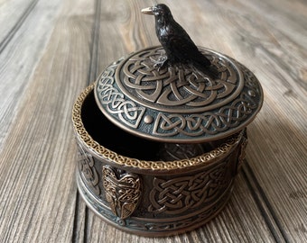 Celtic Pattern Raven Lid Round Trinket Box