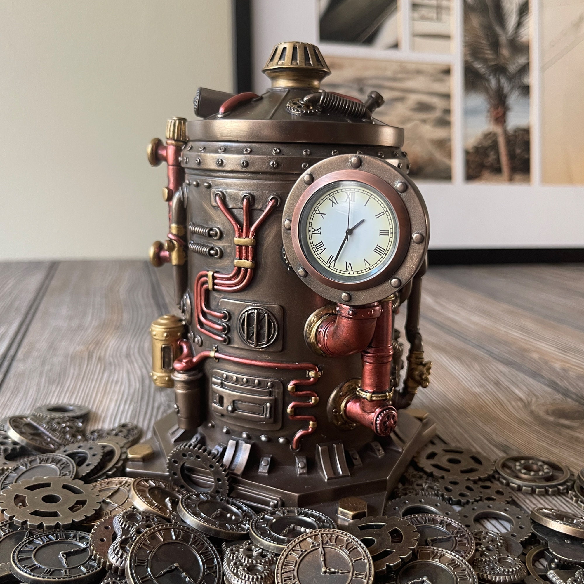 Steampunk Table Clock Trinket Box Desk Decor 