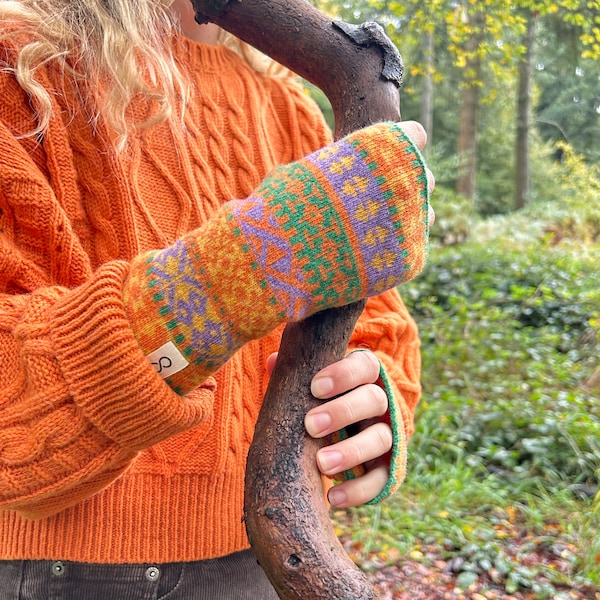 Fair Isle Wrist Warmers in Recycled Wool