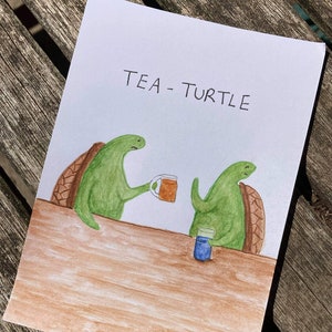 Tea-Turtle, A5 Acuarela Postal, Ilustración A5, Diseño Original Pintado a Mano