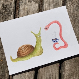 Snail and Worm Tea Party, A5 Aquarelle Carte postale, A5 Illustration, Original Hand-Painted Design
