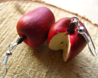 Asymmetric Apple Earrings, Red Apple Earrings, Fruit Earrings, Food Earrings, Quirky Earrings, Drop Earrings, Handmade, Polymer Clay