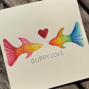 Guppy Love Tarjeta de San Valentín, Tarjeta de San Valentín, Tarjeta de Saludos, Original, Dibujado a mano, Pintado a mano, Ilustración, Acuarela