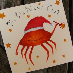 Tarjeta de Navidad Feliz Navi-Crab, Tarjeta de Navidad, Tarjeta de felicitación, Diseño original, Ilustración, Dibujado a mano, Pintado a mano