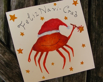 Feliz Navi-Crab Christmas Card, Christmas Card, Greetings Card, Original Design, Illustration, Hand Drawn, Hand Painted