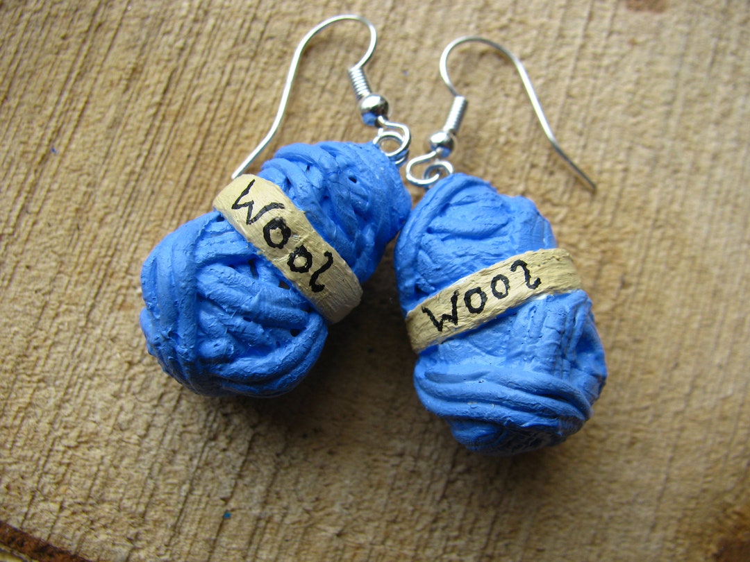 Ball of Wool Earrings, Ball of Blue Wool Earrings, Ball of Yarn