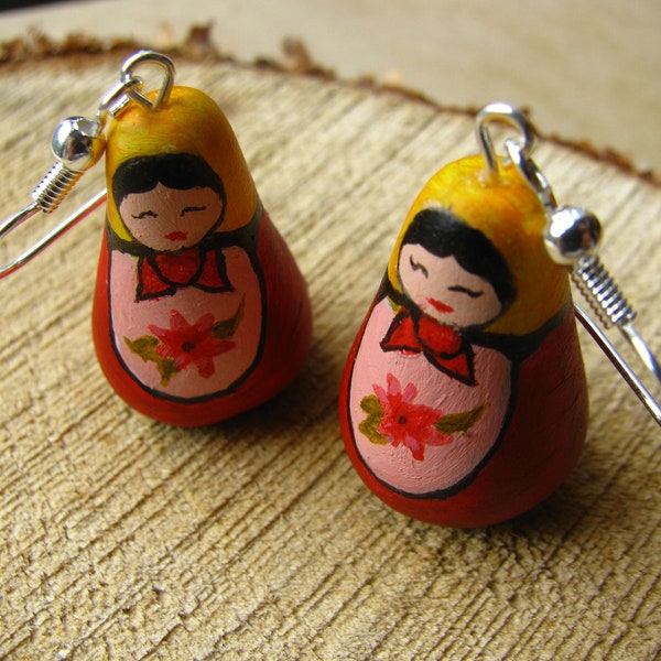 Red and Yellow Russian Doll Earrings, Nesting Doll Earrings, Matryoshka Doll Earrings, Babushka Doll Earrings, Polymer Clay, Handmade