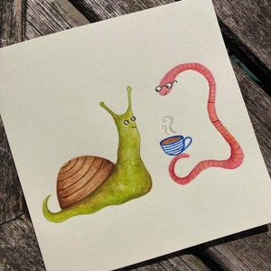 Karta na przyjęcie herbaciane „Ślimak i robak”, Karta z pozdrowieniami, Karta urodzinowa, Karta malowana ręcznie, Akwarela, Oryginalny projekt, Rysowane ręcznie, Ilustracja
