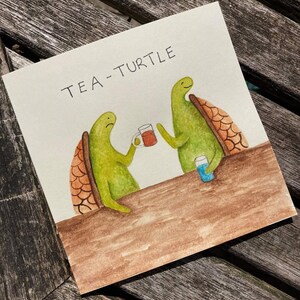 Carte tea-turtle, carte d’anniversaire, carte de vœux, design original, dessiné à la main, peint à la main, illustration, aquarelle