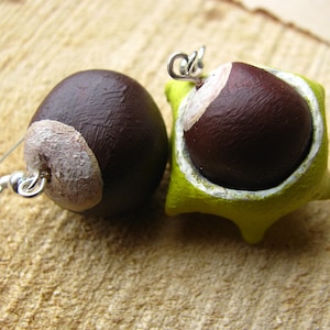 Conker Earrings, Asymmetric Conker Earrings, Conker Drop Earrings, Asymmetric Earrings, Polymer Clay Earrings, Handmade, Autumnal Earrings