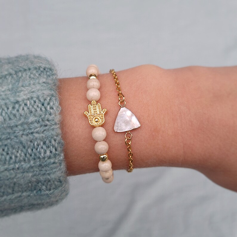 Gift for her 18k Gold filled chain bracelet with Cubic Zirconia link Mother of pearl shell or trochus shell link Stainless steel link