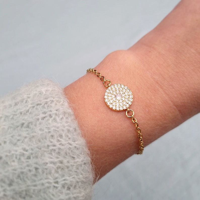 Gift for her 18k Gold filled chain bracelet with Cubic Zirconia link Mother of pearl shell or trochus shell link Stainless steel link
