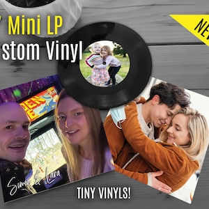 May include: Black 7-inch mini LP vinyl record with a custom photo. The image also shows three custom photo prints. The text on the image reads "7" Mini LP Custom Vinyl" and "Tiny Vinyls!" A yellow triangle with the word "NEW!" is in the upper right corner.