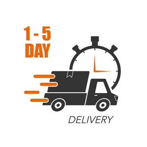 May include: Black and orange illustration of a delivery truck with a package in the back, a stopwatch with an orange hand, and the text "1-5 DAY DELIVERY".