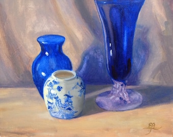 Blue Glass and English China, still life fine art original oil painting