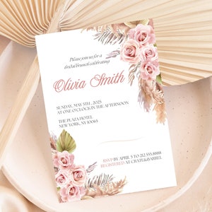 Pampas Bridal Shower Invite; Boho Floral Pampas Invitation Template; Pink Rose Pampas Invitation; Boho Minimalist Bridal Shower 5x7in Invite