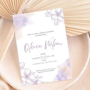 Invito per addio al nubilato viola; Modello di invito per addio al nubilato ad acquerello; Invito minimalista viola; Invito ad una doccia nuziale floreale dell'acquerello