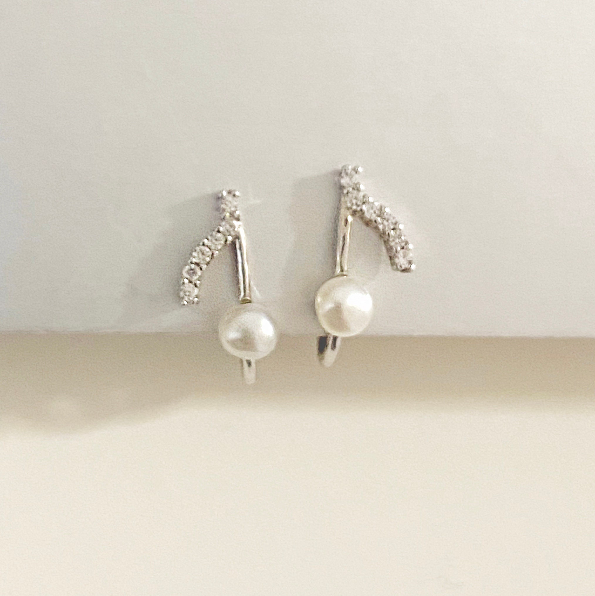 Music note sterling silver clip on earrings pearl & cubic | Etsy