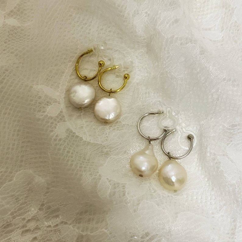 natural freshwater pearl drop earrings invisible clip on earrings Baroque pearl huggie clip on earrings Gift for her