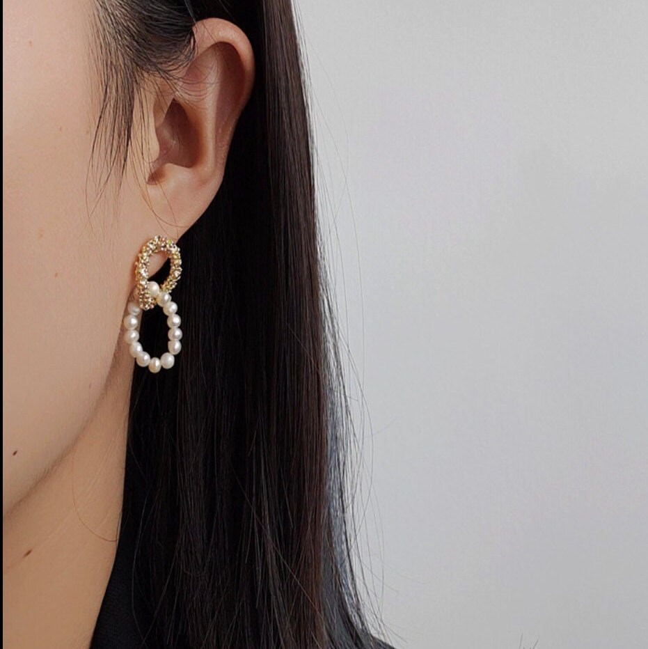 Pearl Double Hoop Earrings Gold Earrings Dainty Dangle | Etsy