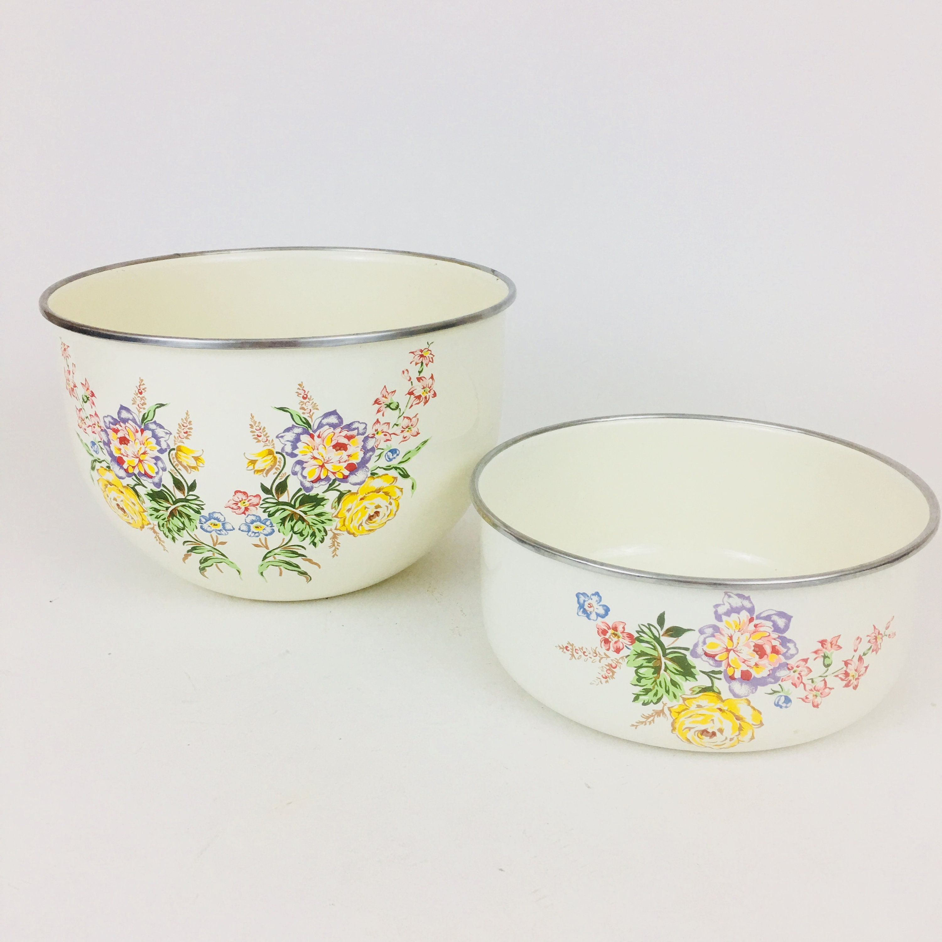 Kobe Retro Vintage Enamel Floral Bowls Set of 2 Etsy