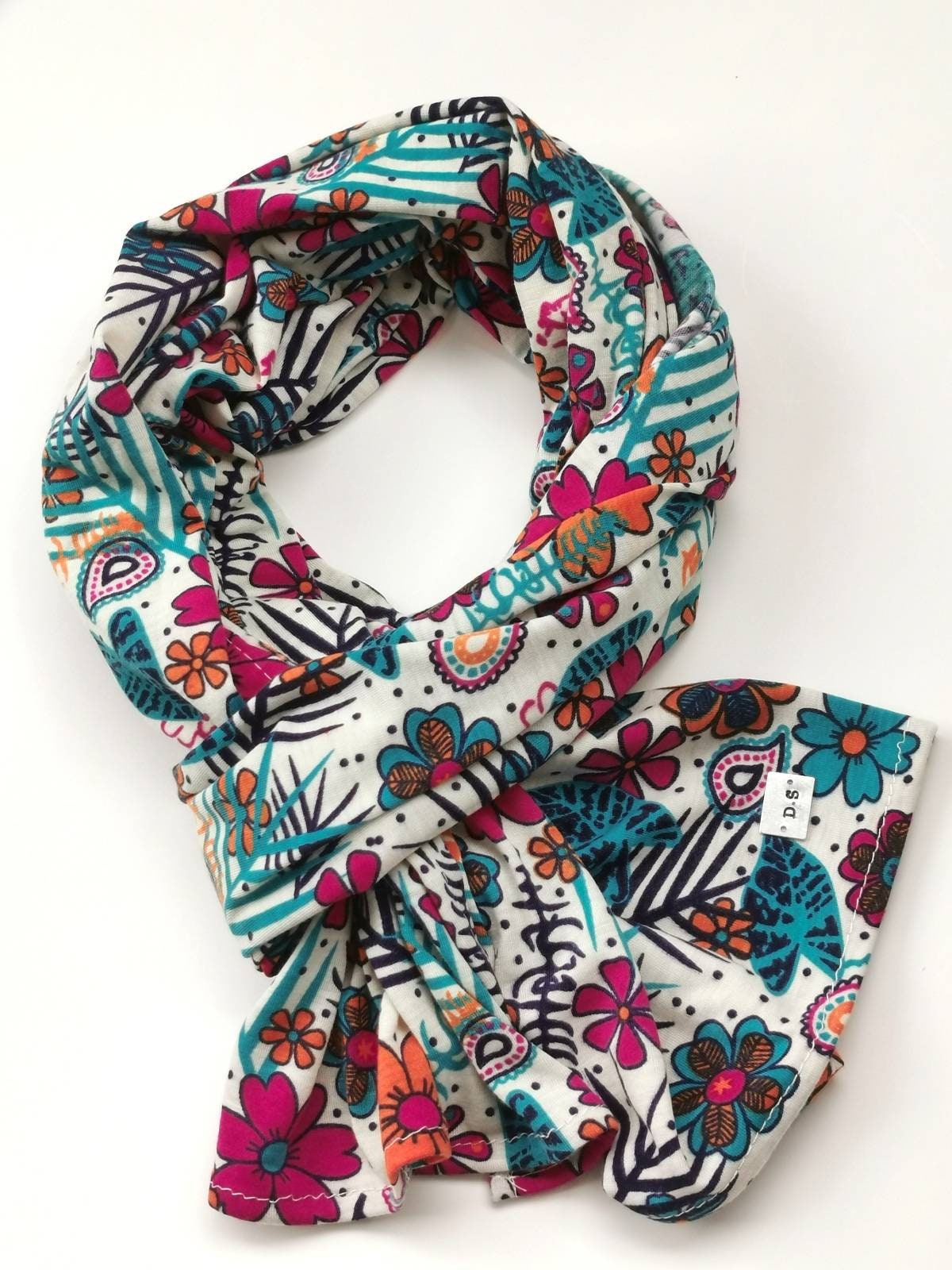 Personalized Jersey Scarf Stretchy Initial Scarf Offwhite Scarf Flower