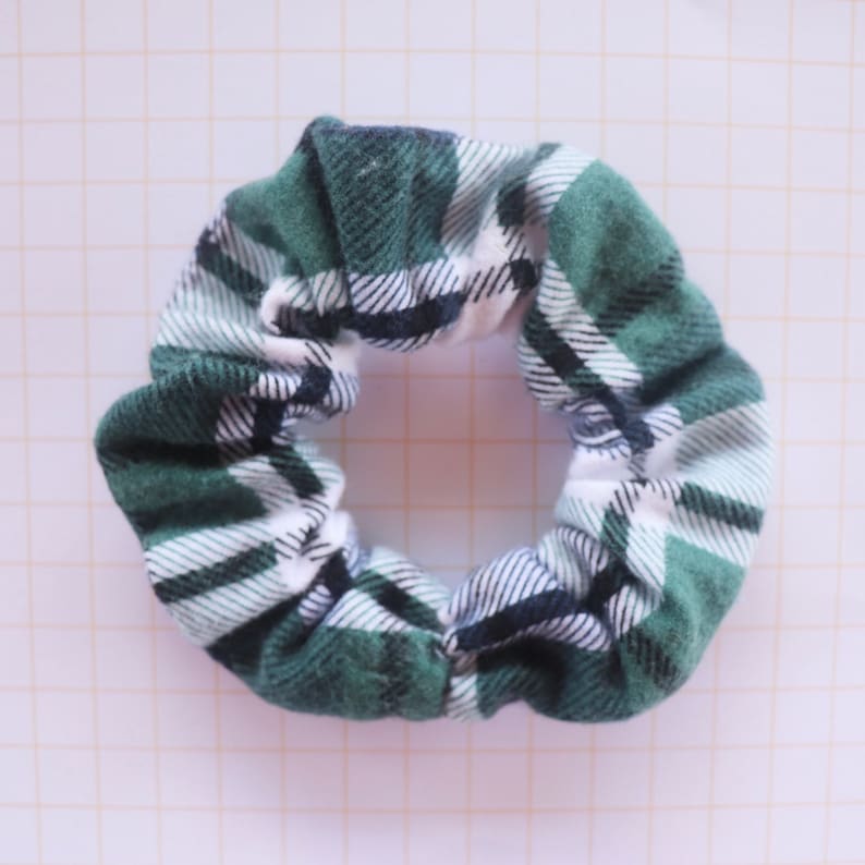 Green /& White Plaid Scrunchie handmade soft and stretchy gentle hold