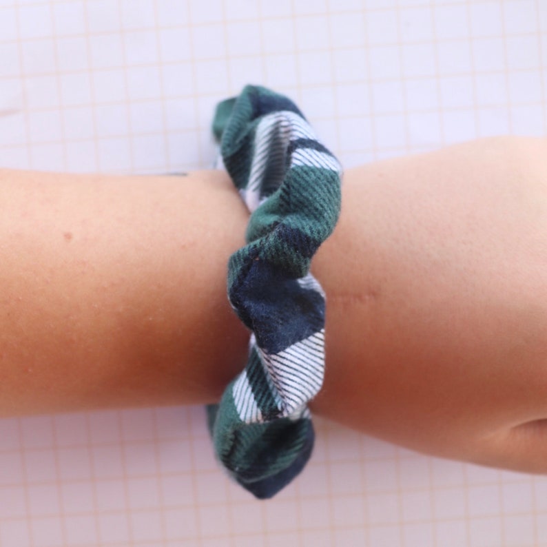 Green /& White Plaid Scrunchie handmade soft and stretchy gentle hold