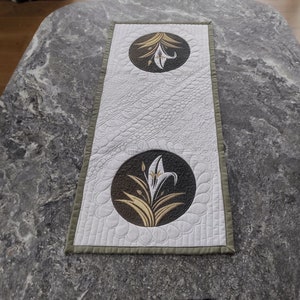 Quilted White Table Runner: Lily Design, Olive Trim
