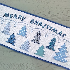 Quilted Christmas table runner embroidered handmade Applique Blue White