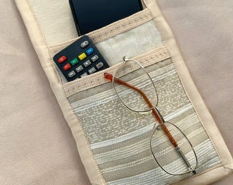 Organizador de control remoto para mesita de noche: organizador de sofá de tela hecho a mano con 2 bolsillos