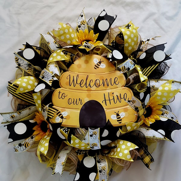 Welcome to our Hive Honey Bee Summer Deco Mesh Wreath
