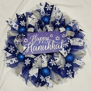 Happy Hanukkah Blue Mesh Wreath/Star of David Wreath/Hanukkah Door Hanger/Hanukkah Door Decor