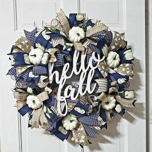 Fall Wreath/Welcome Wreath/Fall White Pumpkin Wreath/Hello Fall Wreath/Farmhouse Fall Wreath/Navy Blue and White Pumpkin Wreath