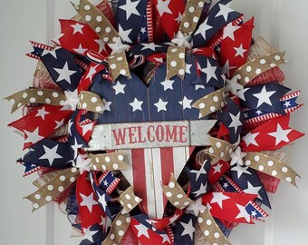 Memorial Day Wreath/4th of July Wreath/Patriotic Wreath/Red White and Navy Blue Wreath