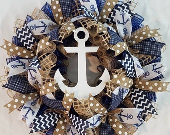 Navy Blue and Beige Nautical Wreath- Anchor
